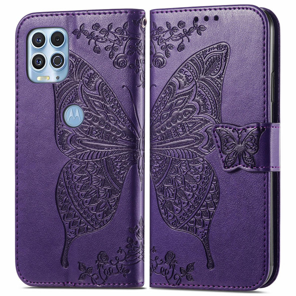 Motorola Edge S Butterfly Love Flowers Embossed Horizontal Flip Leather Case with Holder & Card Slots & Wallet & Lanyard(Dark Purple)