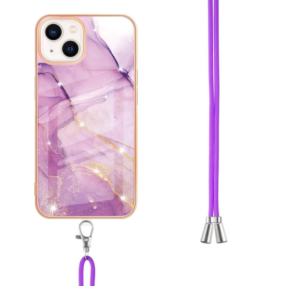 Electroplating Marble Pattern IMD TPU Shockproof Case with Neck Lanyard - iPhone 14 Max(Purple 001)