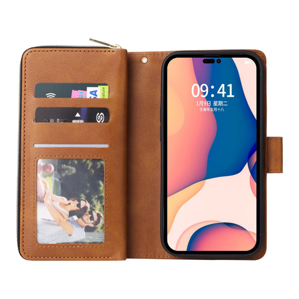 9 Card Slots Zipper Wallet Bag Leatherette Phone Case - iPhone 14 Pro Max(Brown)