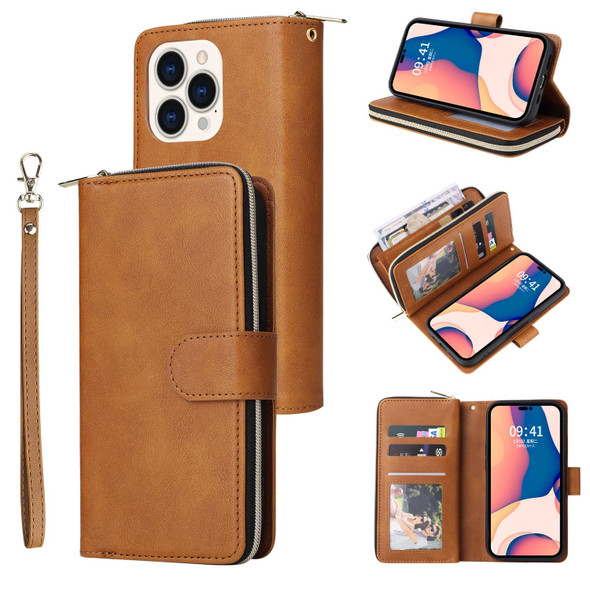 9 Card Slots Zipper Wallet Bag Leatherette Phone Case - iPhone 14 Pro(Brown)