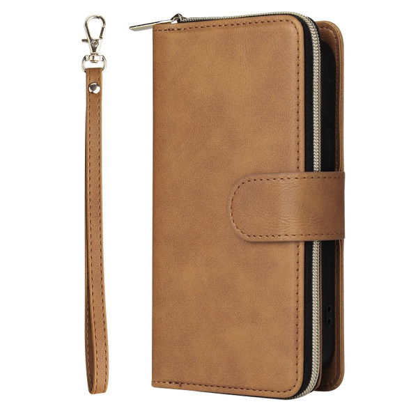 9 Card Slots Zipper Wallet Bag Leatherette Phone Case - iPhone 14 Max(Brown)