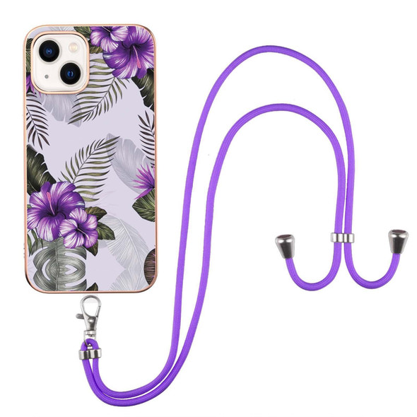 Electroplating Pattern IMD TPU Shockproof Case with Neck Lanyard - iPhone 14 Max(Purple Flower)