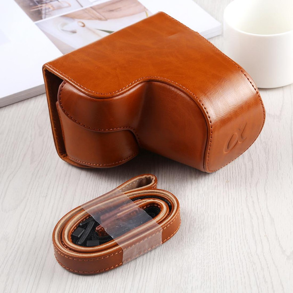 Full Body Camera PU Leather Case Bag with Strap for Sony A6400 / ILCE-A6400 (Brown)