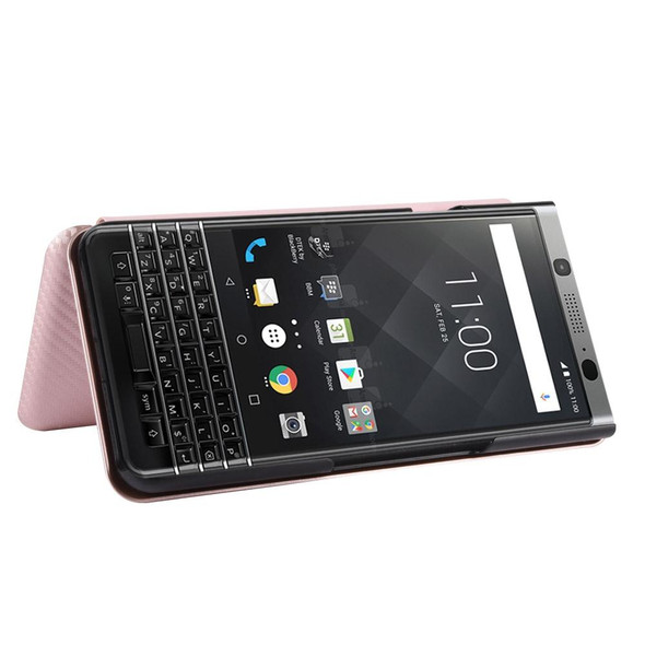 BlackBerry Keyone Carbon Fiber Texture Magnetic Horizontal Flip TPU + PC + PU Leatherette Case with Card Slot(Pink)