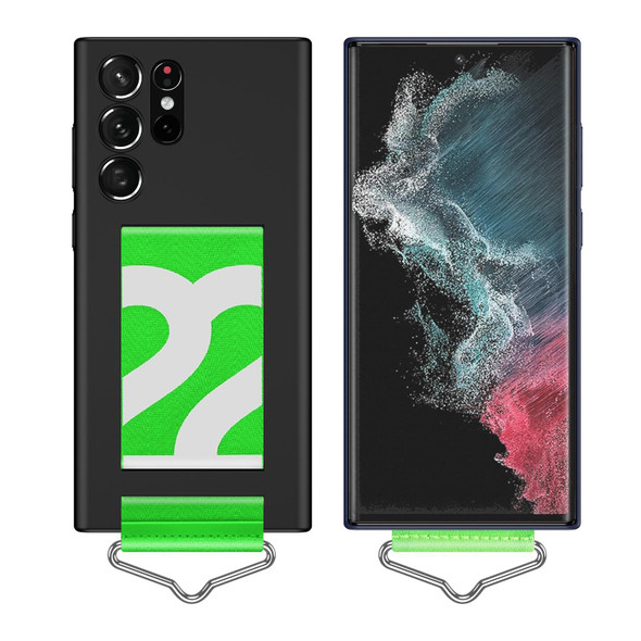 Samsung Galaxy S22 Ultra 5G Slim Wrist Strap Bracket PC Phone Case(Black+Green Strap)