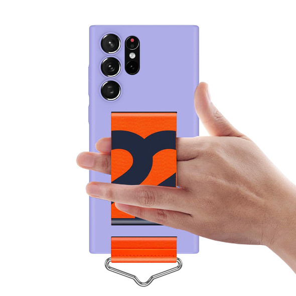 Samsung Galaxy S22 Ultra 5G Slim Wrist Strap Bracket PC Phone Case(Purple+Orange Strap)