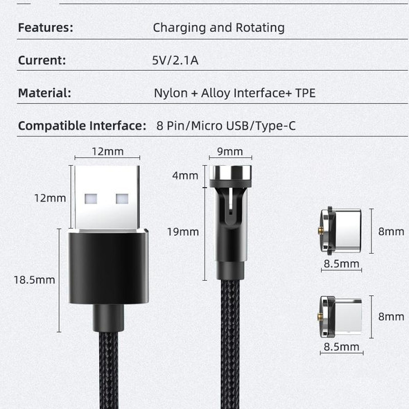 CC56 8 Pin + Type-C/USB-C + Micro USB Magnetic Interface Dust Plug Rotating Data Charging Cable, Cbale Length: 1m(Black)