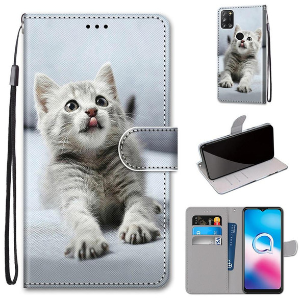 Alcatel 3X 2020 Coloured Drawing Cross Texture Horizontal Flip PU Leatherette Case with Holder & Card Slots & Wallet & Lanyard(Small Gray Cat)