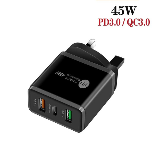 45W PD25W + 2 x QC3.0 USB Multi Port Charger with USB to Type-C Cable, UK Plug(Black)