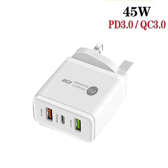 45W PD25W + 2 x QC3.0 USB Multi Port Charger with USB to Type-C Cable, UK Plug(White)