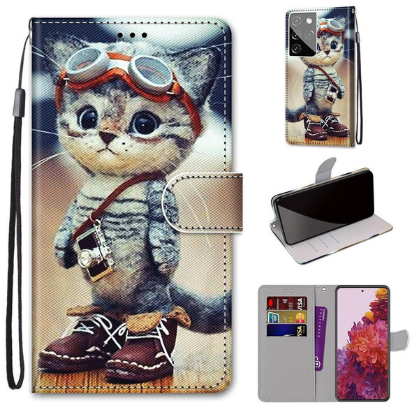 Samsung Galaxy S21 Ultra 5G Coloured Drawing Cross Texture Horizontal Flip PU Leather Case with Holder & Card Slots & Wallet & Lanyard(Leather Shoes Cat)