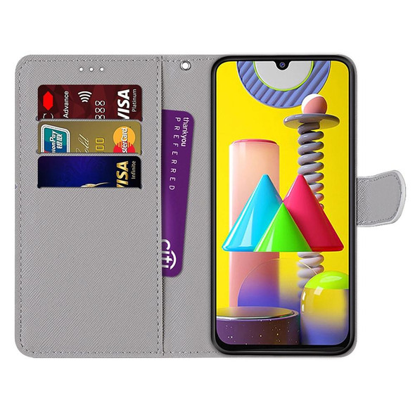 Samsung Galaxy M31 Coloured Drawing Cross Texture Horizontal Flip PU Leather Case with Holder & Card Slots & Wallet & Lanyard(Purple Green Starry Sky)