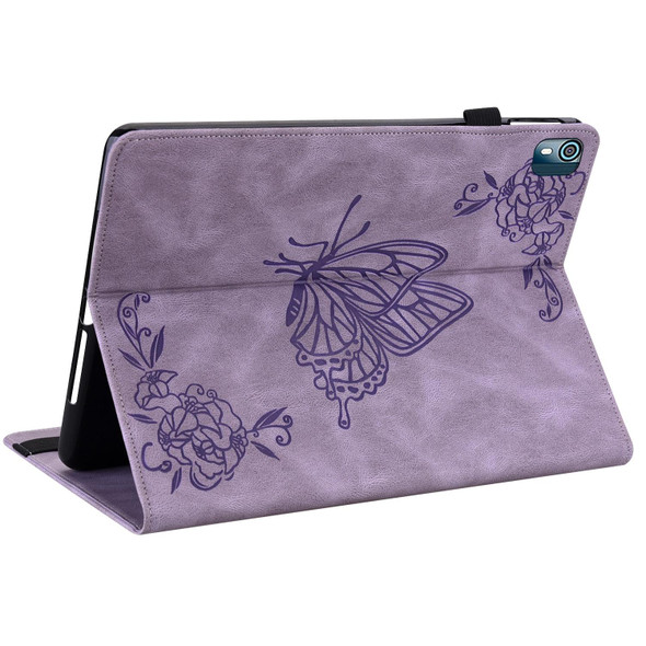 Nokia T10 Butterfly Flower Embossed Leather Tablet Case(Purple)