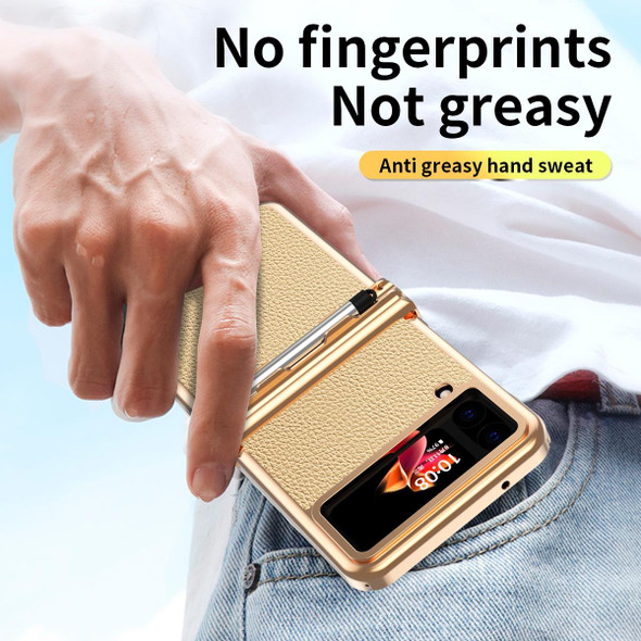 Samsung Galaxy Z Flip3 5G Litchi Texture Leather Hinged Electroplated Phone Case with Pen(Gold)