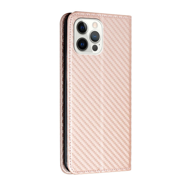 Carbon Fiber Texture Magnetic Flip Leatherette Phone Case - iPhone 14 Pro Max(Rose Gold)