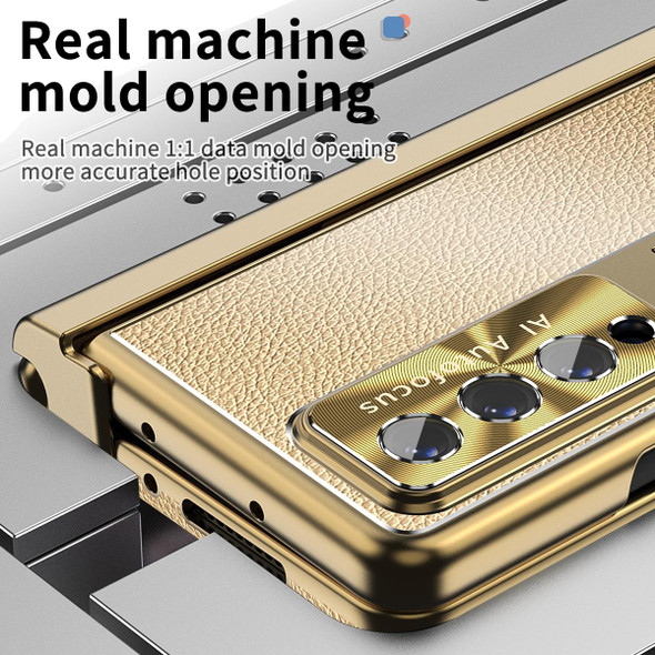 Samsung Galaxy Z Fold4 Litchi Pattern Magnetic Shell Film Integrated Shockproof Phone Case(Champagne Gold)