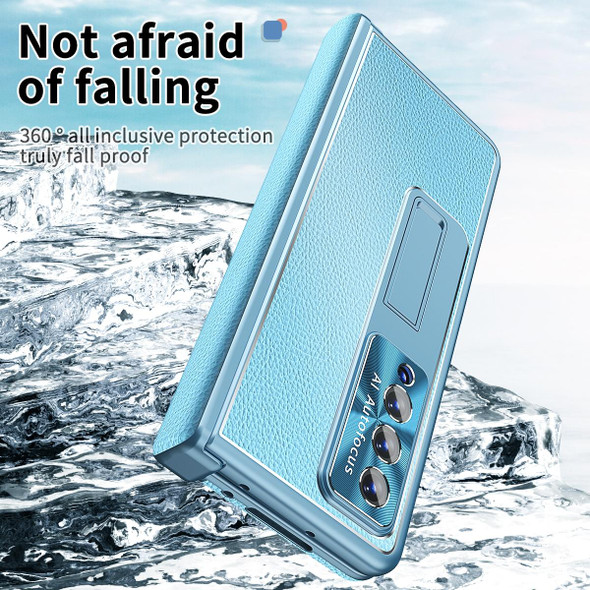 Samsung Galaxy Z Fold3 5G Litchi Pattern Magnetic Shell Film Integrated Shockproof Phone Case(Far Peak Blue)