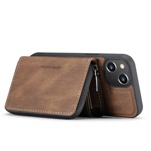 JEEHOOD Magnetic Zipper Wallet Leather Phone Case - iPhone 14(Brown)