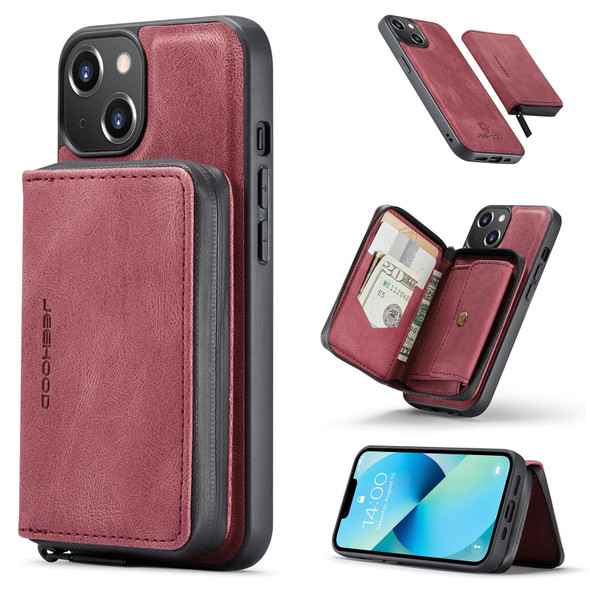 JEEHOOD Magnetic Zipper Wallet Leather Phone Case - iPhone 14(Red)