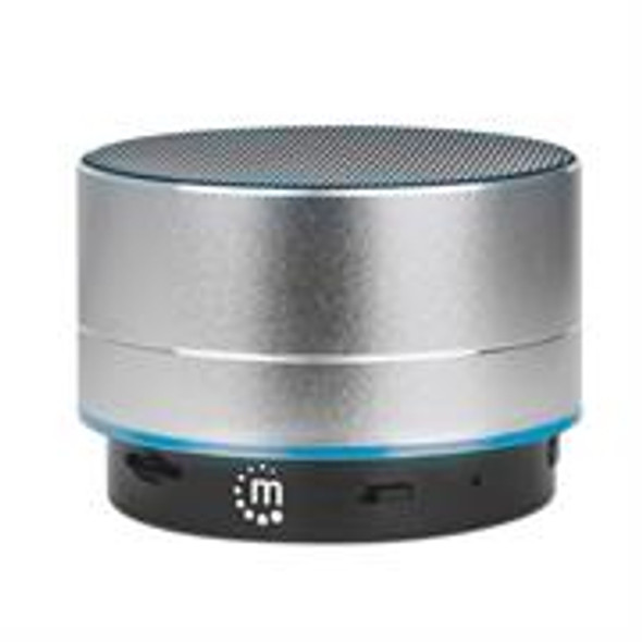 Manhattan Metallic LED Bluetooth Speaker - Wireless Music Playback, Multicolored LED Lights, Control Buttons, USB-A Port, Micro-SD Card Slot, 3.5 mm Audio Port - Silver, Retail Box , 1 year Limited Warranty
