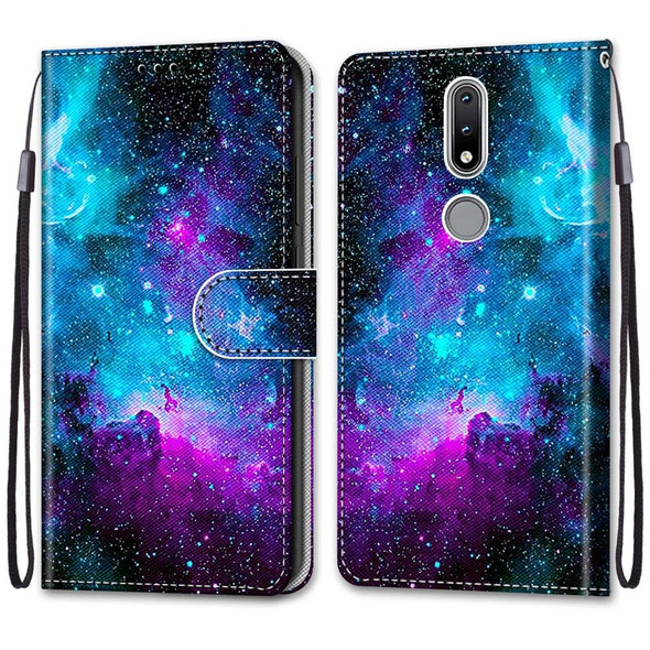 Nokia 2.4 Coloured Drawing Cross Texture Horizontal Flip PU Leather Case with Holder & Card Slots & Wallet & Lanyard(Purple Green Starry Sky)