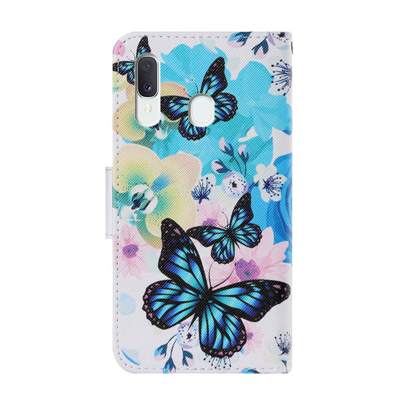 Samsung Galaxy A20e Coloured Drawing Pattern Horizontal Flip PU Leather Case with Holder & Card Slots & Wallet & Lanyard(Purple Butterfly)