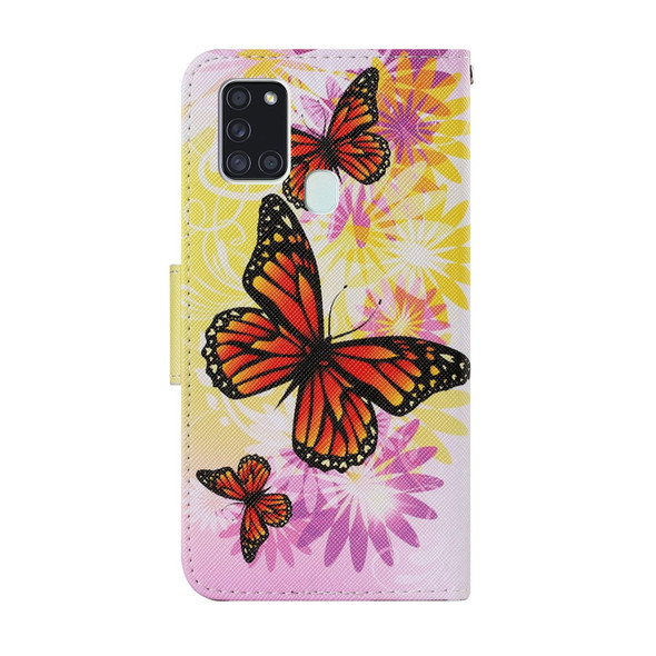Samsung Galaxy A21s Coloured Drawing Pattern Horizontal Flip PU Leather Case with Holder & Card Slots & Wallet & Lanyard(Chrysanthemum Butterfly)