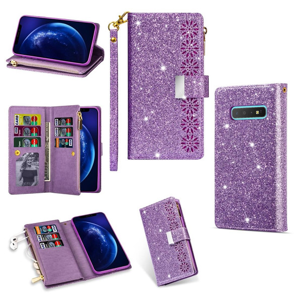 Samsung Galaxy S10 Multi-card Slots Starry Sky Laser Carving Glitter Zipper Horizontal Flip Leather Case with Holder & Wallet & Lanyard(Purple)