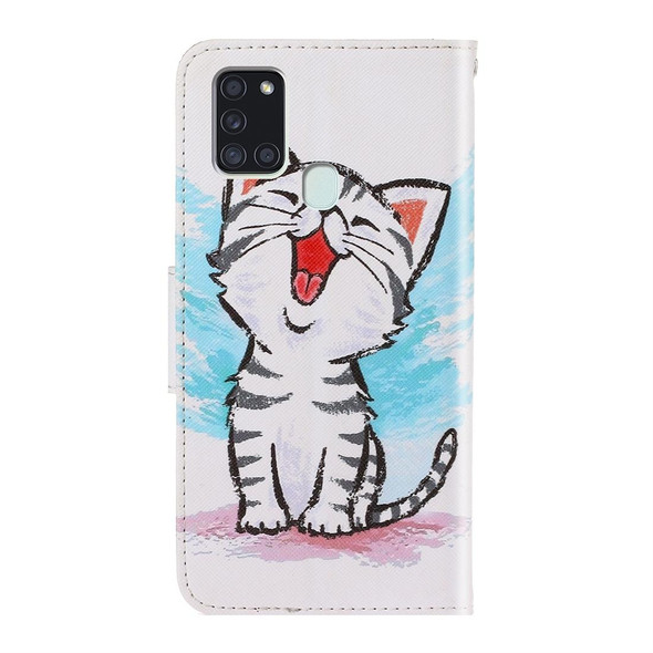 Samsung Galaxy A21s 3D Colored Drawing Horizontal Flip PU Leather Case with Holder & Card Slots & Wallet(Red Mouth Cat)