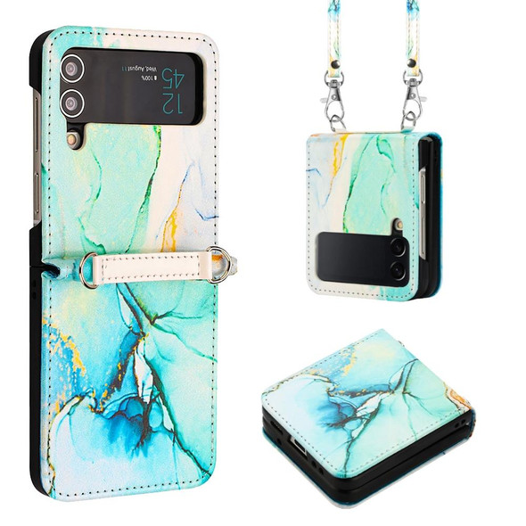 Samsung Galaxy Z Flip3 5G Crossbody Marble Pattern Leather Phone Case(Green LS003)