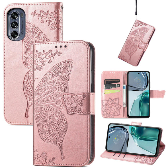 Motorola Moto G62 Butterfly Love Flower Embossed Flip Leather Phone Case(Rose Gold)