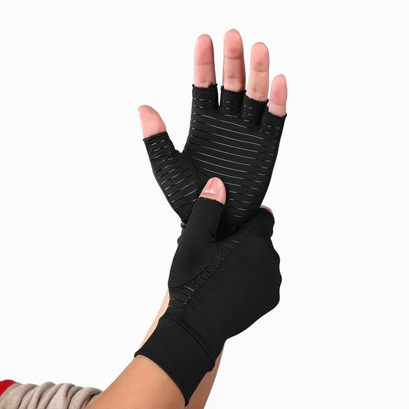 Black Fiber A Pair Sports Breathable Health Care Half Finger Gloves Rehabilitation Training Arthritis Pressure Gloves, Size:M