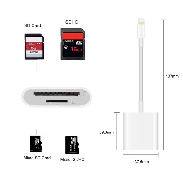 8 Pin to SD + TF Card Reader 2 in 1 Adapter - iPhone / iPad, Cable Length: 9.7cm(Double Slots)