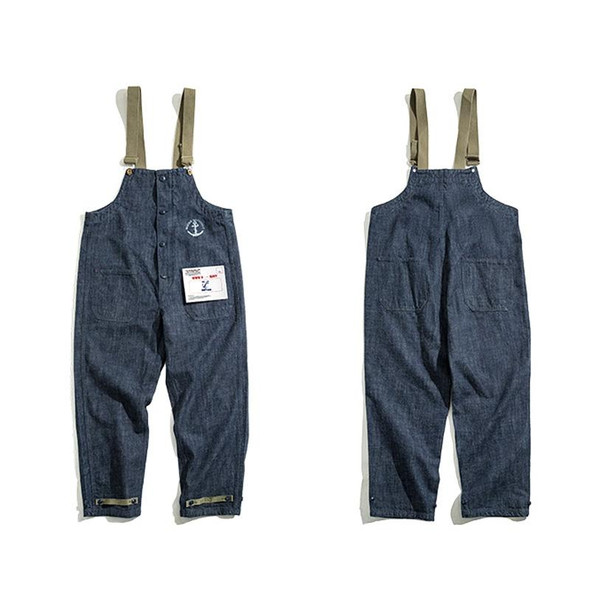 Men Vintage Deck Overalls Spring Autumn Washed Denim Straight Jeans, Size: M(Denim Blue)