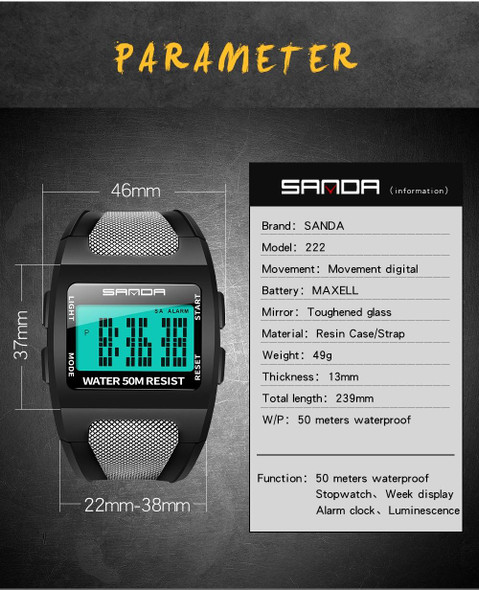 SANDA 222 Men Sports Outdoor Mountaineering Digital Electronic Watch Square Multi functional Waterproof Watch(White)