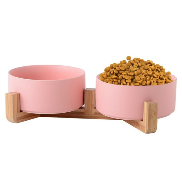 15.5cm/850ml Cat Bowl Dog Pot Pet Ceramic Bowl, Style:Double Bowl With Wooden Stand(Pink)