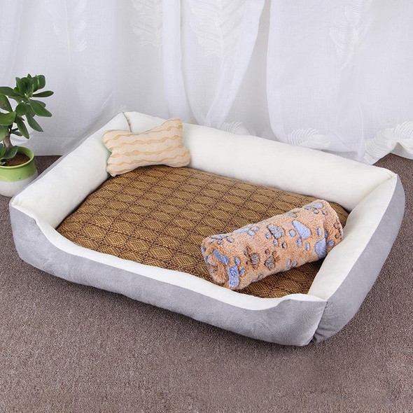 Dog Bone Pattern Big Soft Warm Kennel Pet Dog Cat Mat Blanket,with Rattan Mat & Blanket Size: XXS, 453015cm (Grey White)