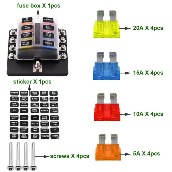 1 in 8 Out Fuse Box Screw Terminal Section Fuse Holder Kits with LED Warning Indicator for Auto Car Truck Boat