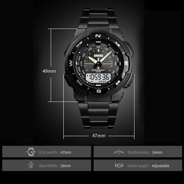 SKMEI 1370 Multifunctional Men Outdoor Sports Noctilucent Waterproof Stainless Steel Digital Wrist Watch (Black)