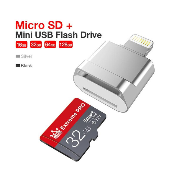 MicroDrive 8pin To TF Card Adapter Mini iPhone & iPad TF Card Reader, Capacity:128GB(Silver)