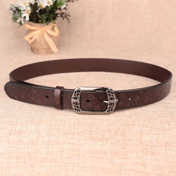 ZK--067 Retro Engraved Buckle Butterfly Print Pin Buckle Leather Belt, Length: 110cm(Red)