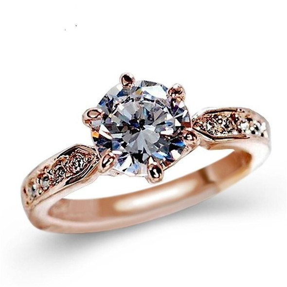 Female Classic Crystal Six-Claw Diamond Ring Wedding Ring, Ring Size:5(Rose Gold)