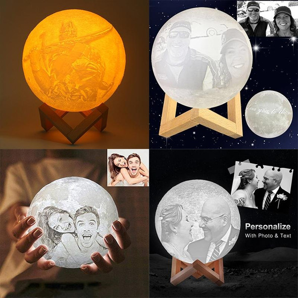 Customized Touch Switch 3-color 3D Print Moon Lamp USB Charging Energy-saving LED Night Light with Wooden Holder Base, Diameter:8cm