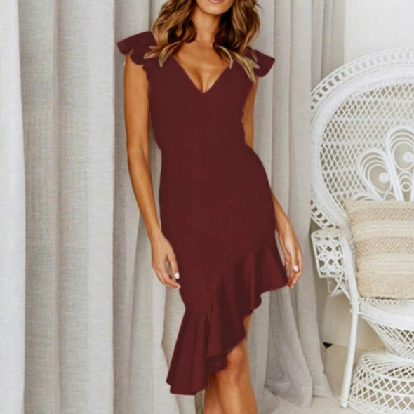 Sleeveless Ruffled Slim Backless Sexy Dress, Size: S(Wine Red)