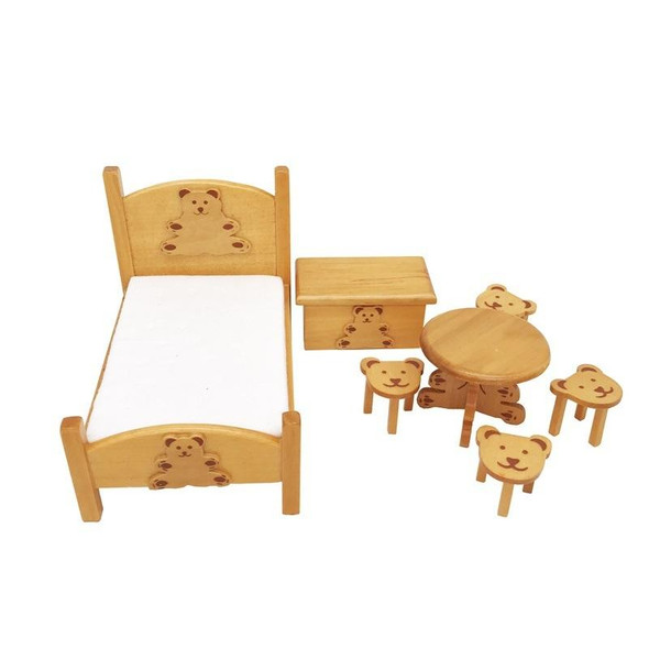 1:12 Mini Doll House Pocket Children Bedroom Small Bear Bed Set(Brown)
