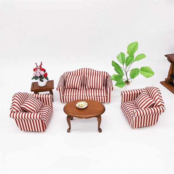 1:12 Mini Doll House Furniture Decoration Striped Sofa Model Set(Orange Red Gold)