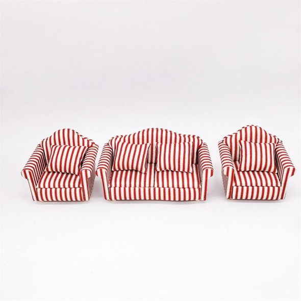 1:12 Mini Doll House Furniture Decoration Striped Sofa Model Set(Orange Red Gold)