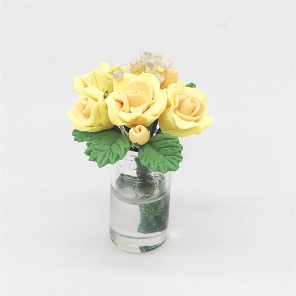 Mini Dollhouse Living Room Decoration Garden Scene Potted Roses(Yellow)