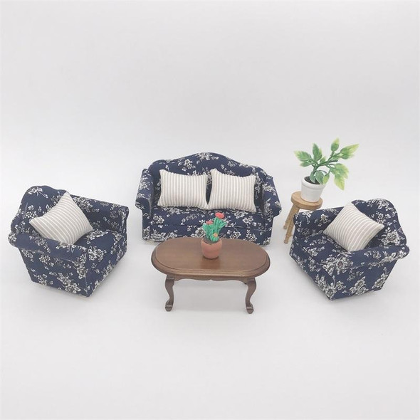 1:12 Doll House Furniture Decoration Three-piece Mimulation Sofa(Blue White Flower)