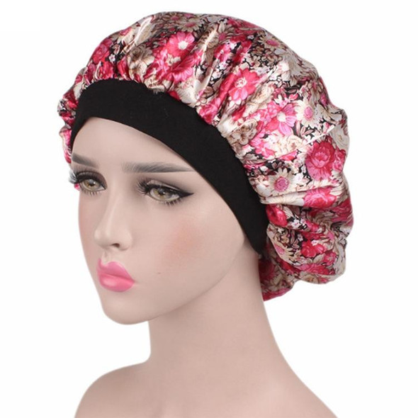 2 PCS Women Satin Night Sleep Cap Hair Bonnet Hat Silk Head Cover Wide Elastic Band(Magenta Small Flower)